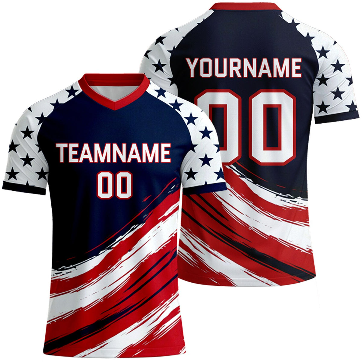 design your own navy red star soccer jersey by Vosoli, personalized team name, player name &amp; number, breathable short sleeve V-neck soccer uniform for team matches