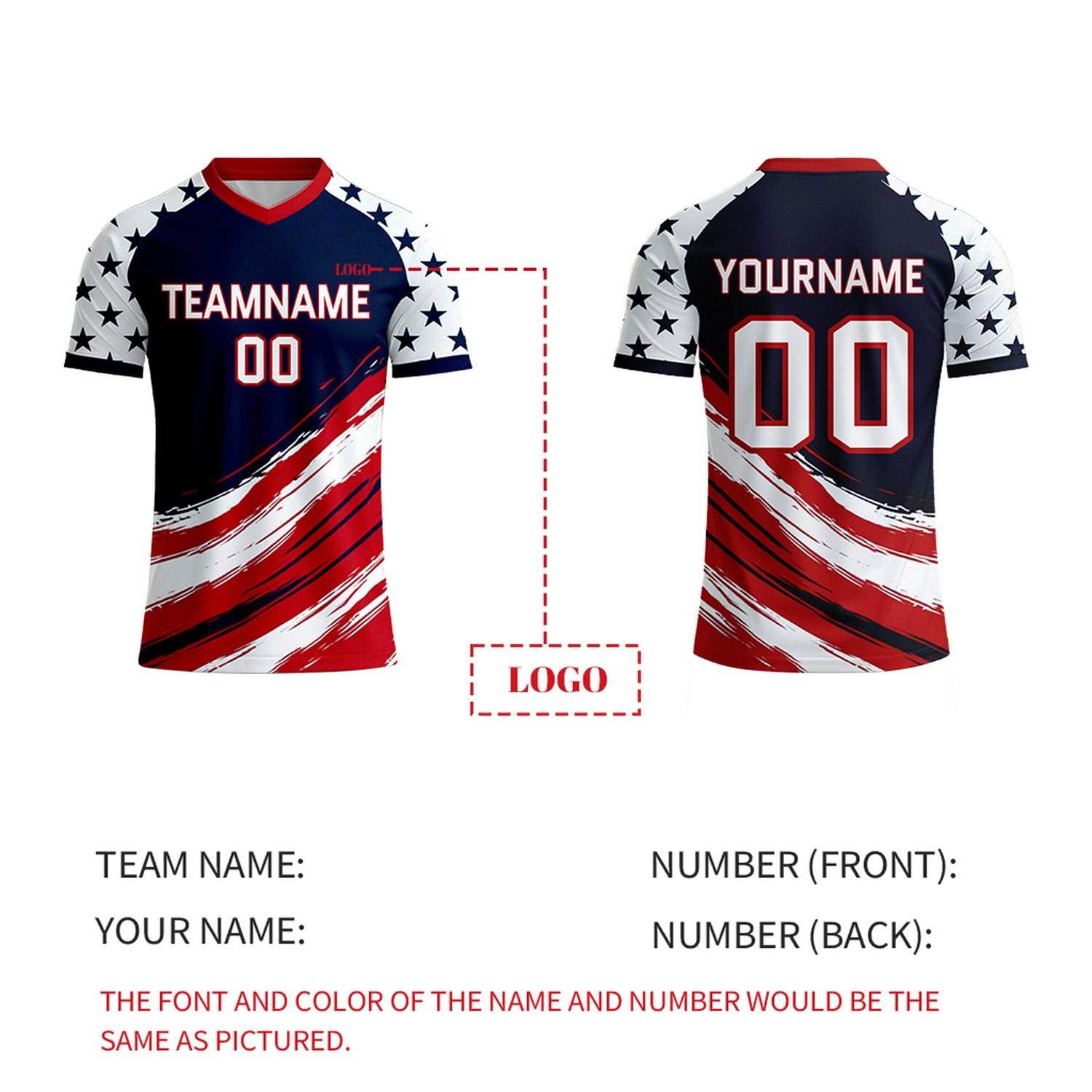 Custom Navy & Red Star Pattern Soccer Jersey | Personalized Short Sleeve V-Neck Jersey for Youth & Adult