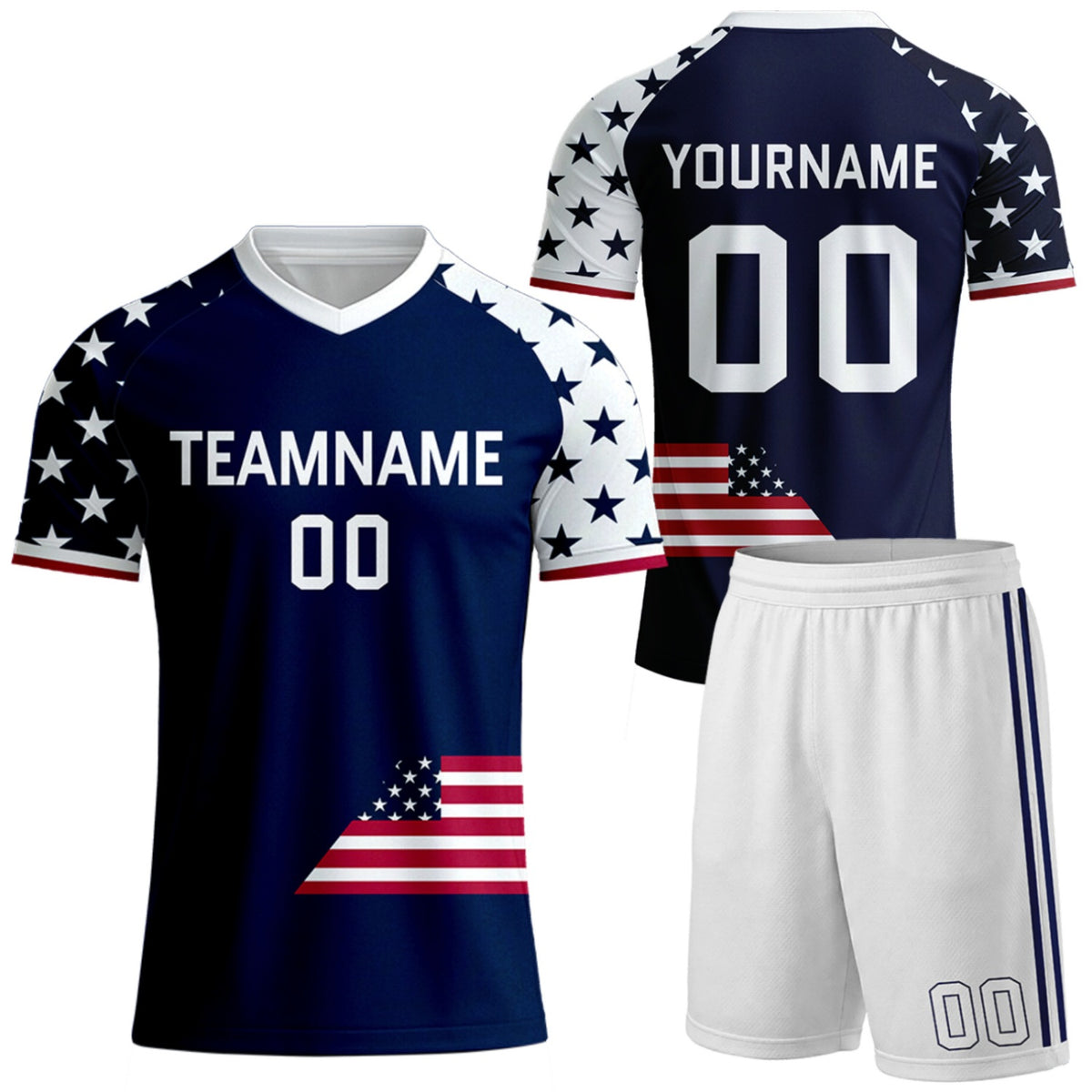 design your own soccer uniform by Vosoli, navy star sleeve flag design, personalized team name, player name &amp; number, breathable short sleeve V-neck soccer jersey with shorts for team soccer games