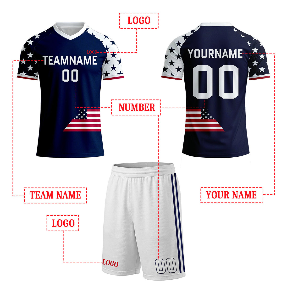 Custom Navy & Star Sleeve Flag Soccer Uniform Set for Youth & Adult Teams