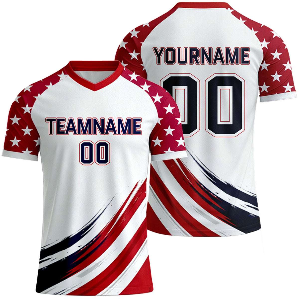 design your own white red star soccer jerseys by Vosoli, personalized team name, player name &amp; number, breathable short sleeve V-neck soccer uniform for team matches