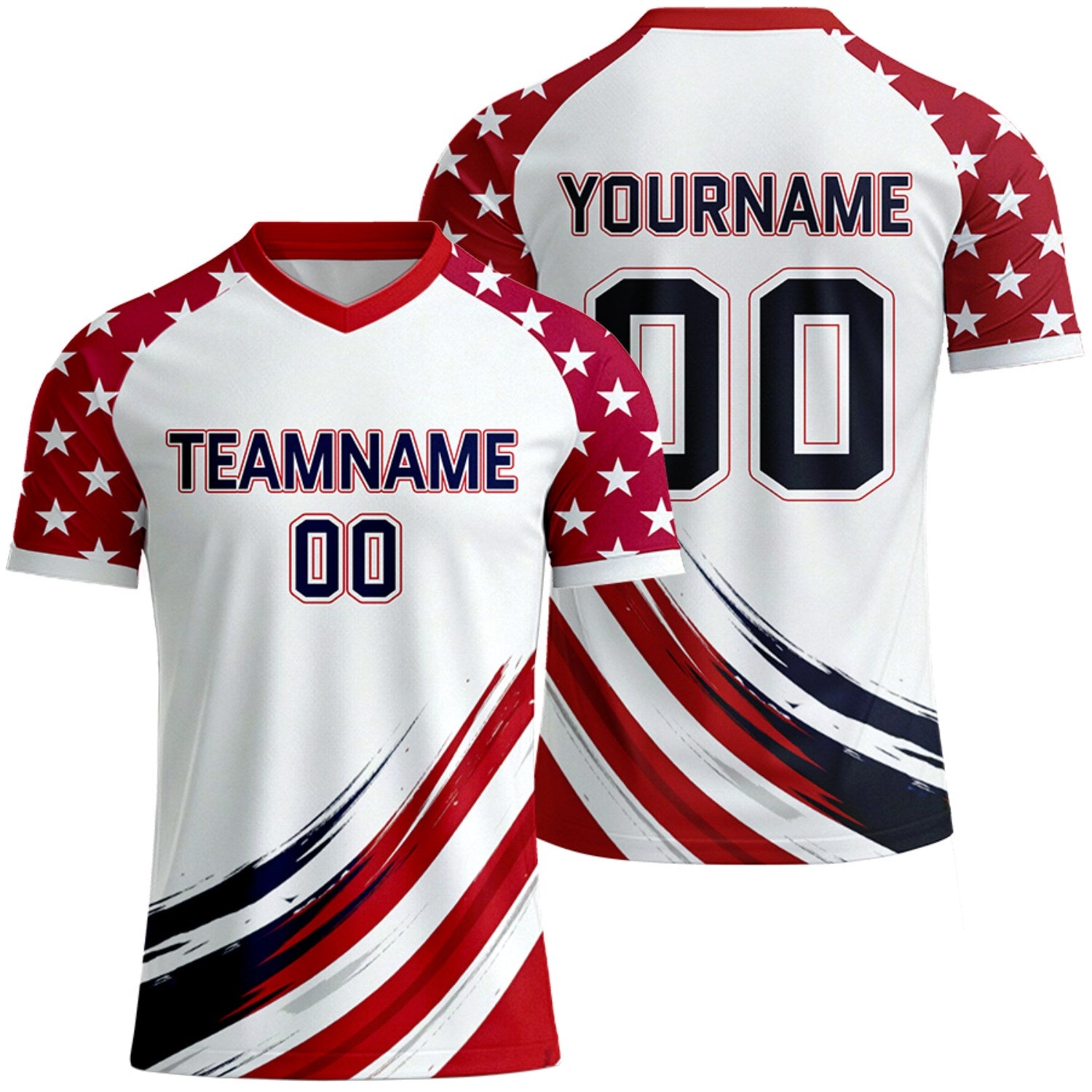 design your own white red star soccer jerseys by Vosoli, personalized team name, player name & number, breathable short sleeve V-neck soccer uniform for team matches