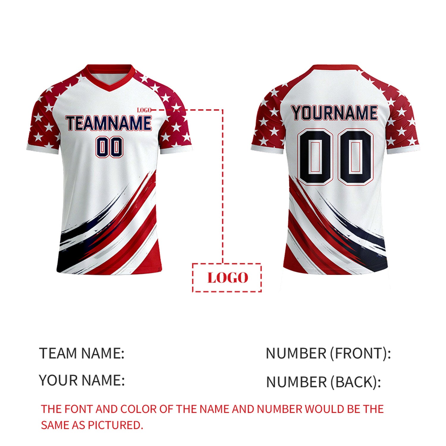 Custom White & Red Star Pattern Soccer Jersey | Personalized Short Sleeve V-Neck Jersey for Youth & Adult