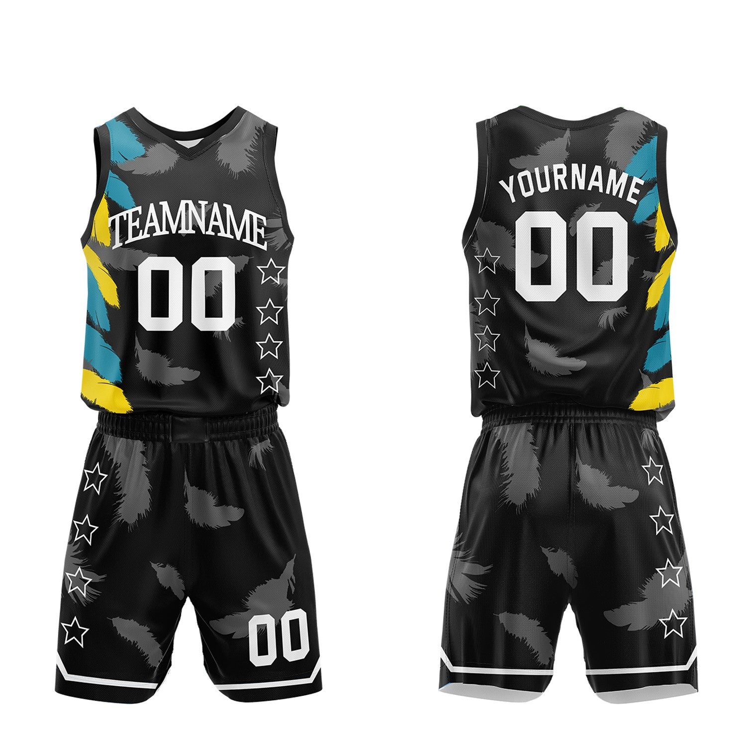 Direct from factory custom basketball jerseys, black feather sublimated jersey and shorts set with personalized team name, player number and logo, breathable quick dry mesh for team games.