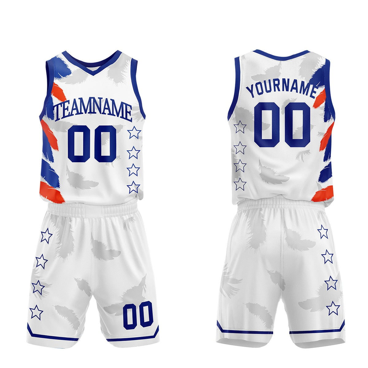 Direct from factory custom basketball jerseys, white feather sublimated jersey and shorts set with personalized team name, player number and logo, breathable quick dry mesh for team games.