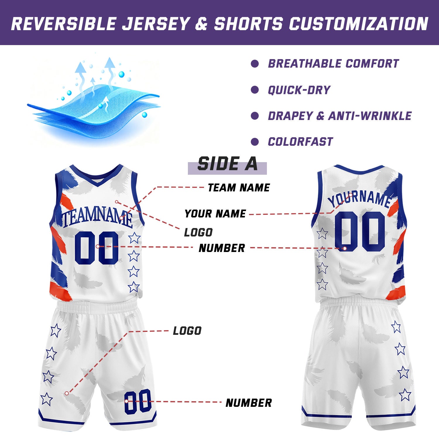 Custom Basketball Jerseys and Shorts Set | White Feather V-Neck Sublimated Team Uniform