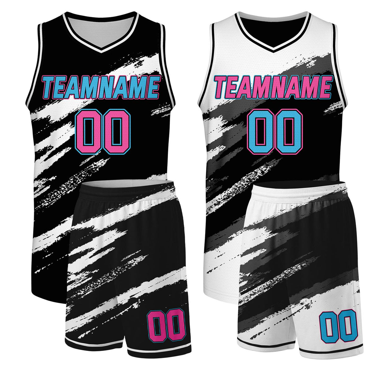 Double sided basketball uniforms black and white by Vosoli, personalized team name, number & logo, breathable mesh for double-sided team basketball jerseys and shorts
