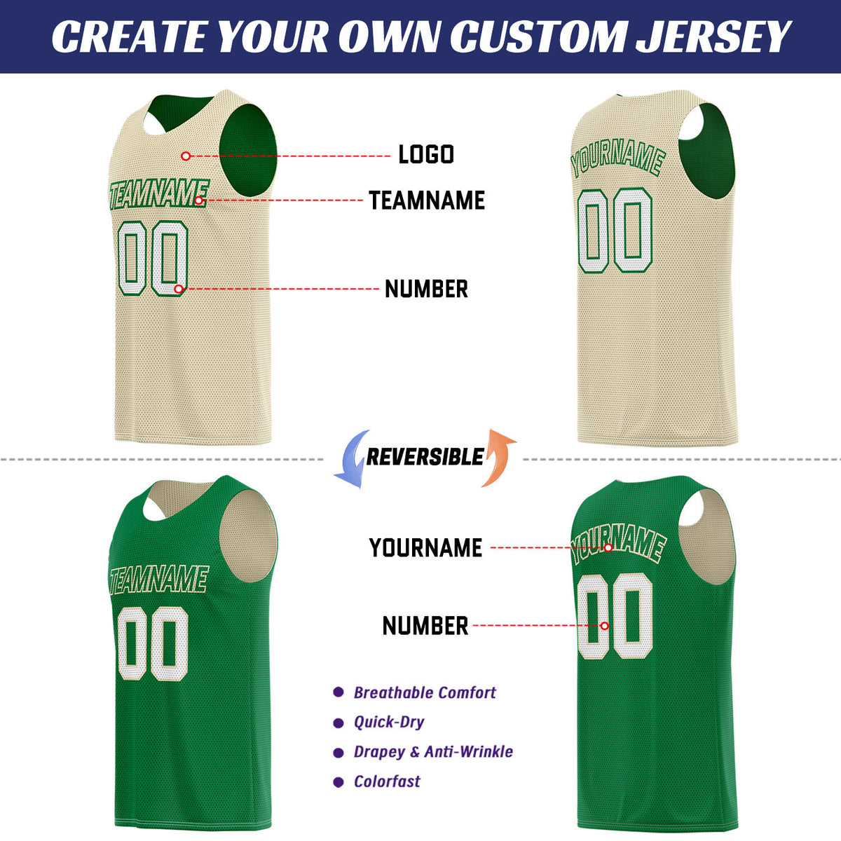Custom Cream & Kelly Green Double Sided Basketball Uniform Set | Breathable Mesh Tank Top and Shorts