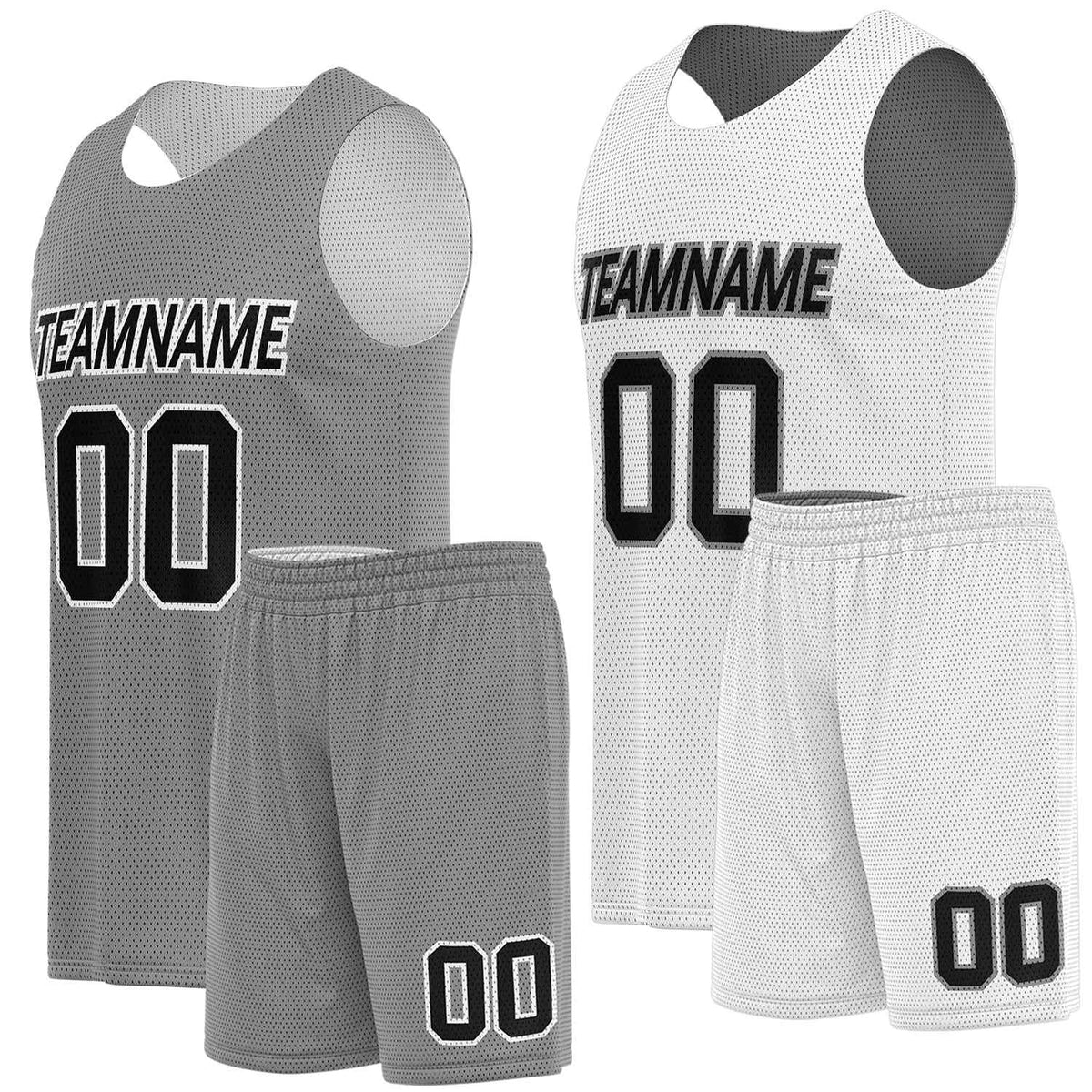 Double sided basketball uniforms grey white by Vosoli. Personalized team name, player number &amp; logo. Breathable mesh. Fast delivery.