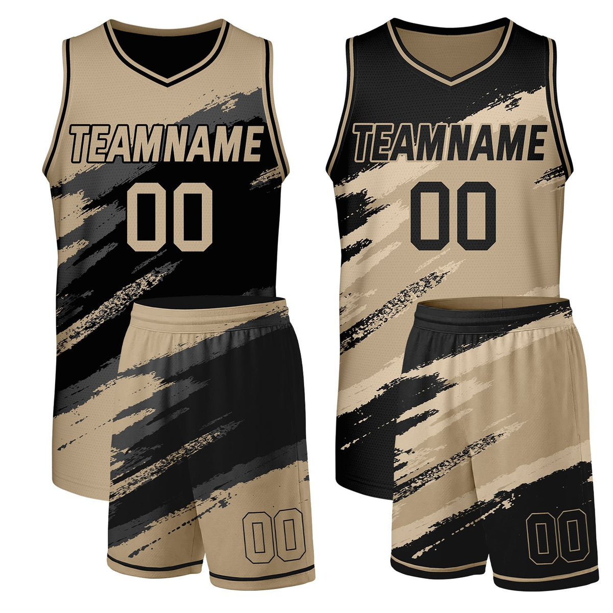Double sided basketball uniforms khaki and black by Vosoli, personalized team name, number & logo, breathable mesh for double-sided team basketball jerseys and shorts