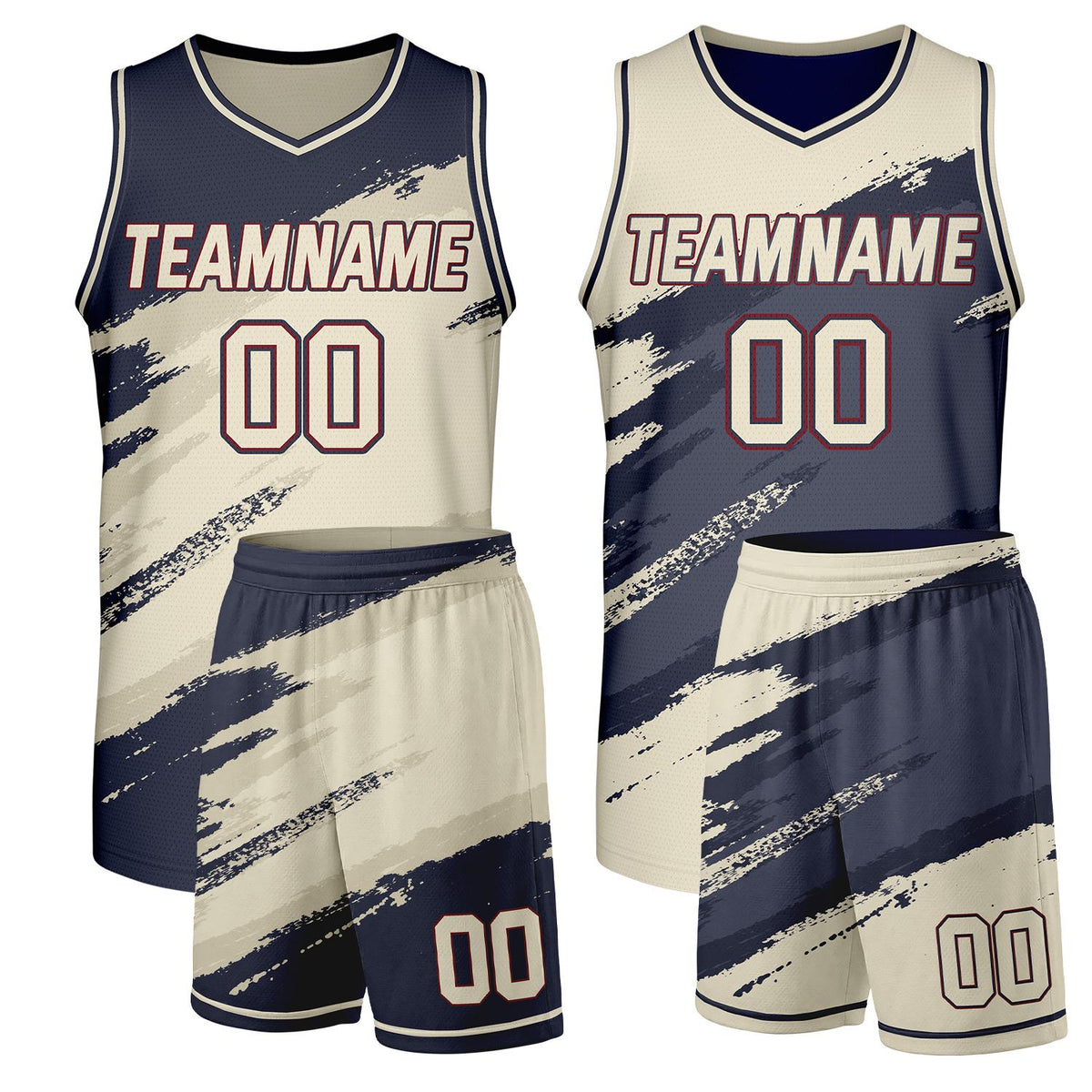 Double sided basketball uniforms navy and cream by Vosoli, personalized team name, number & logo, breathable mesh for double-sided team basketball jerseys and shorts