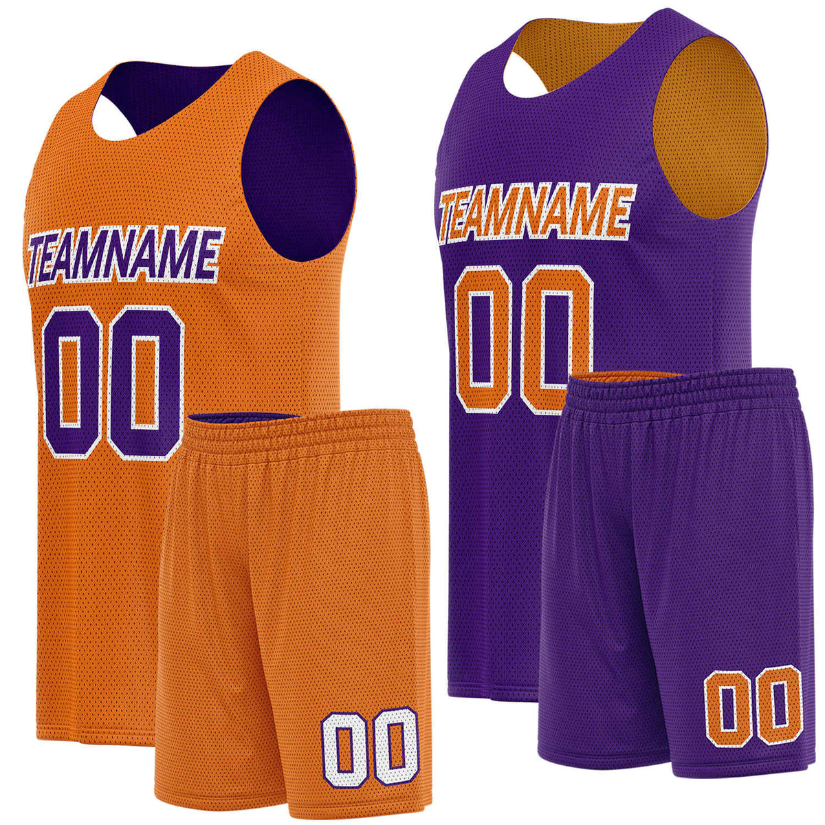 Double sided basketball uniforms orange purple by Vosoli. Personalized team name, player number &amp; logo. Breathable mesh. Fast delivery.