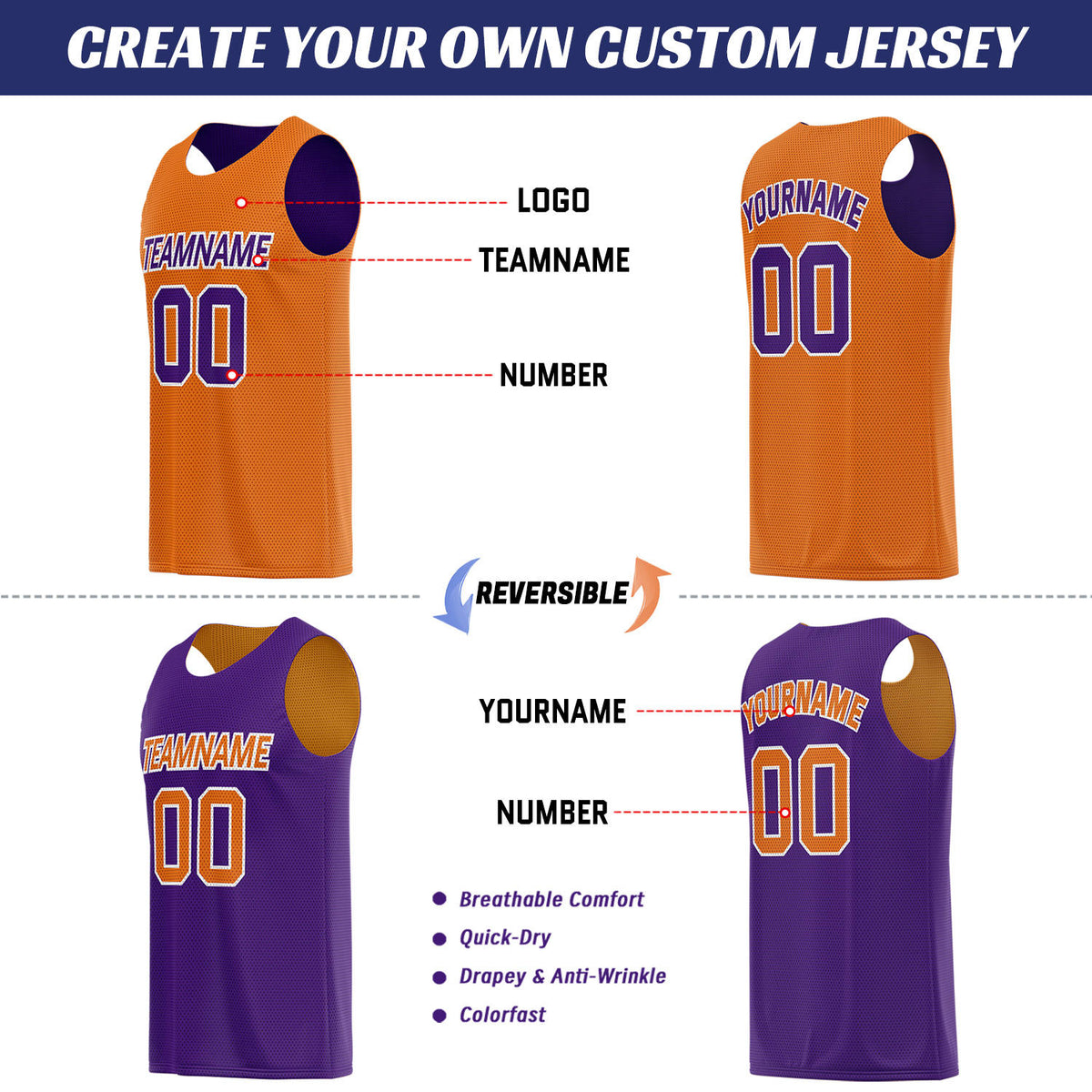 Custom Orange & Purple Double Sided Basketball Uniform Set | Breathable Mesh Tank Top and Shorts