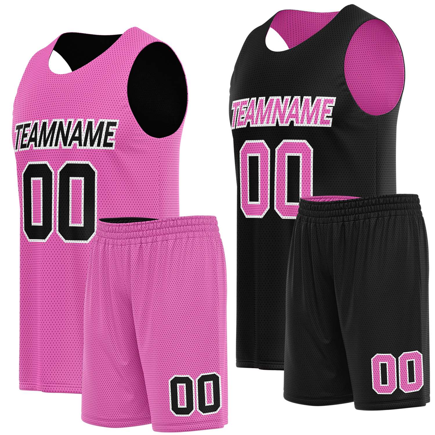 Double sided basketball uniforms pink black by Vosoli. Personalized team name, player number & logo. Breathable mesh. Fast delivery.