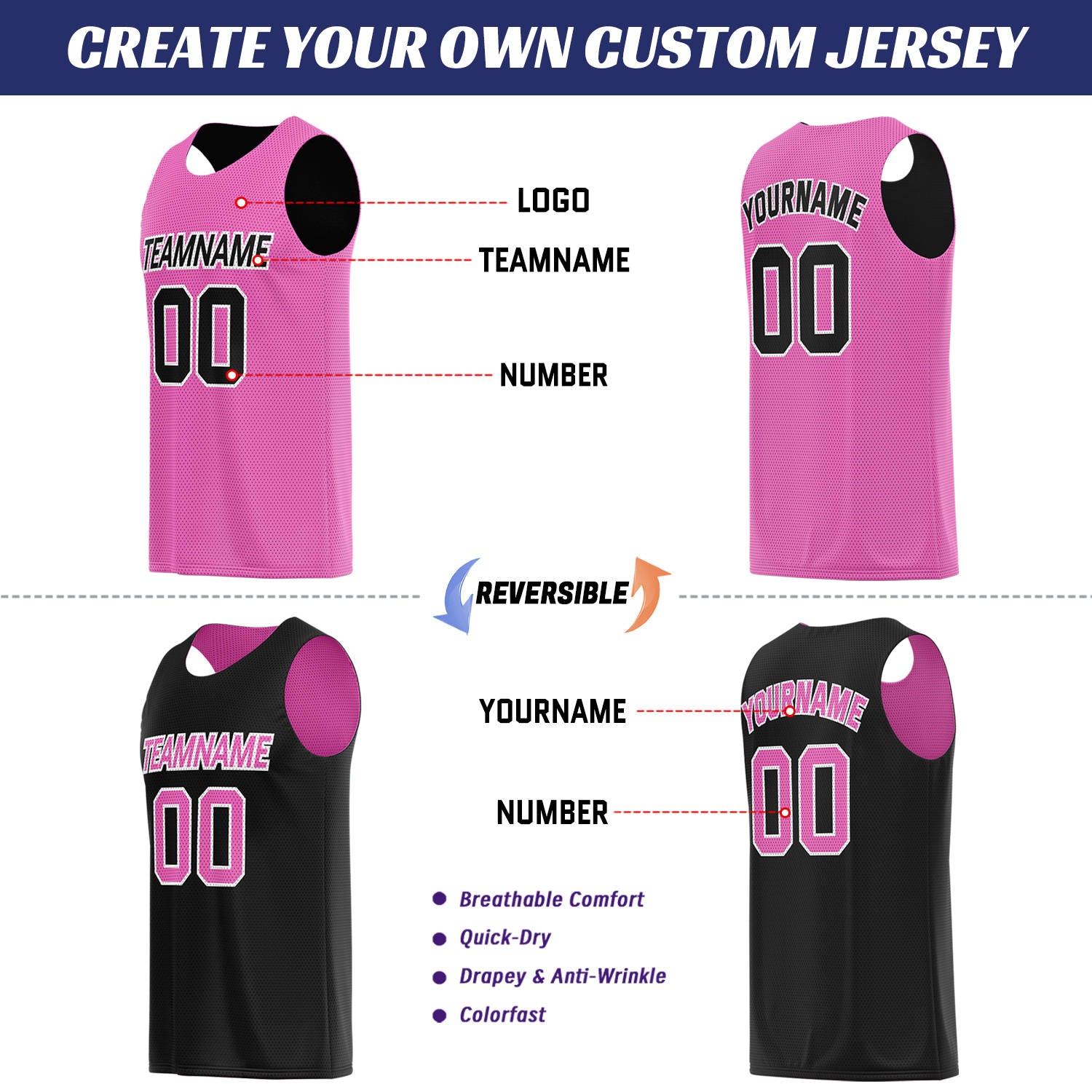 Custom Pink & Black Reversible Basketball Uniform Set | Breathable Mesh Tank Top and Shorts