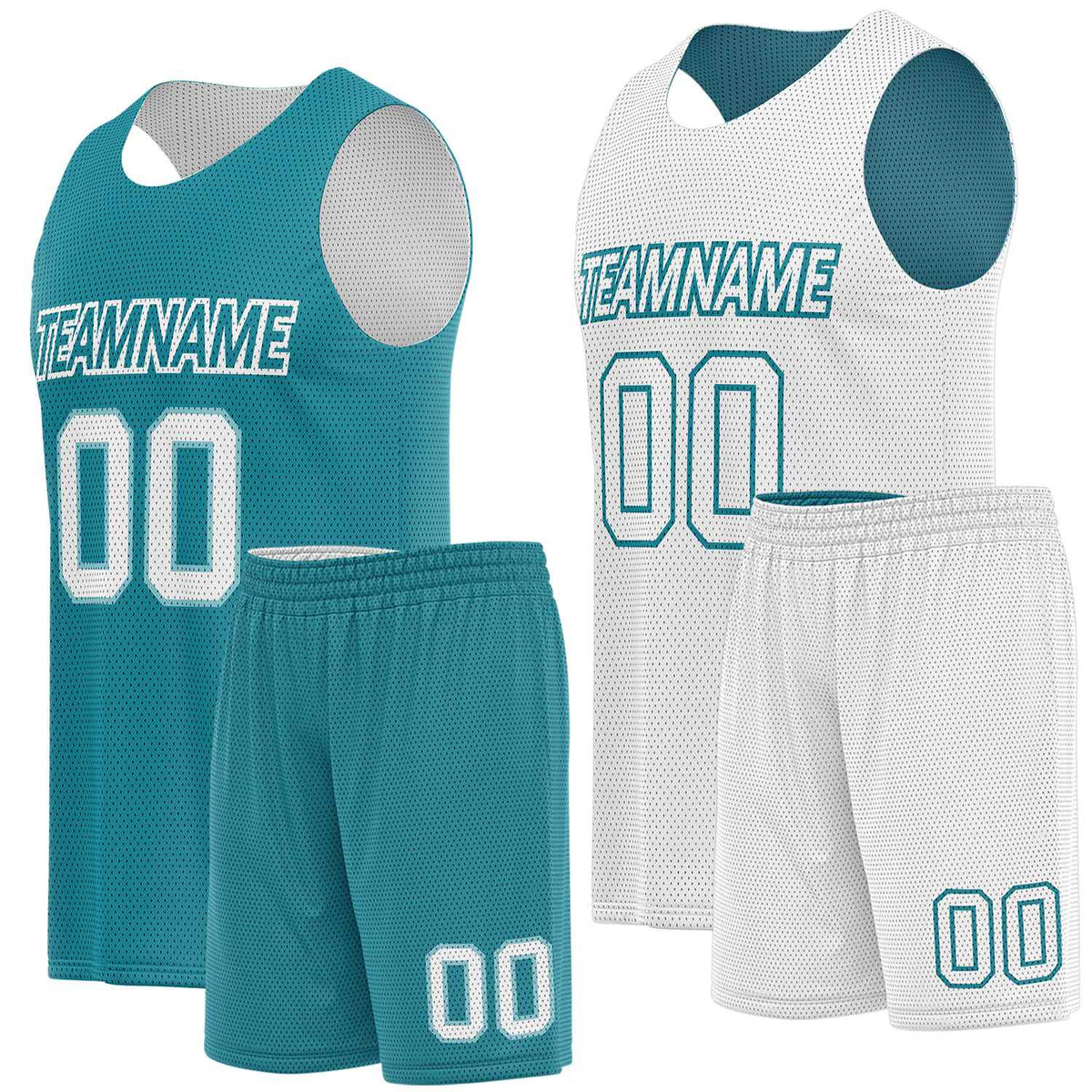 Double sided basketball uniforms teal white by Vosoli. Personalized team name, player number &amp; logo. Breathable mesh. Fast delivery.