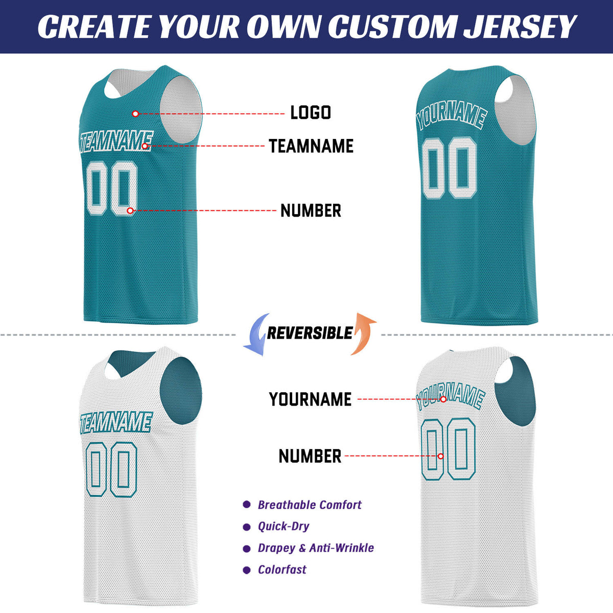 Custom Teal & White Double Sided Basketball Uniform Set | Breathable Mesh Tank Top and Shorts