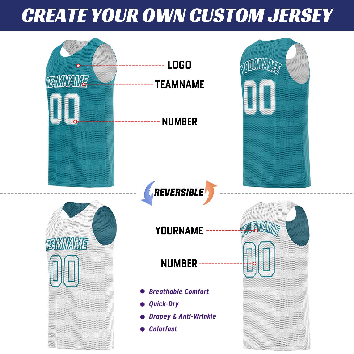 Custom Teal & White Double Sided Basketball Uniform Set | Breathable Mesh Tank Top and Shorts