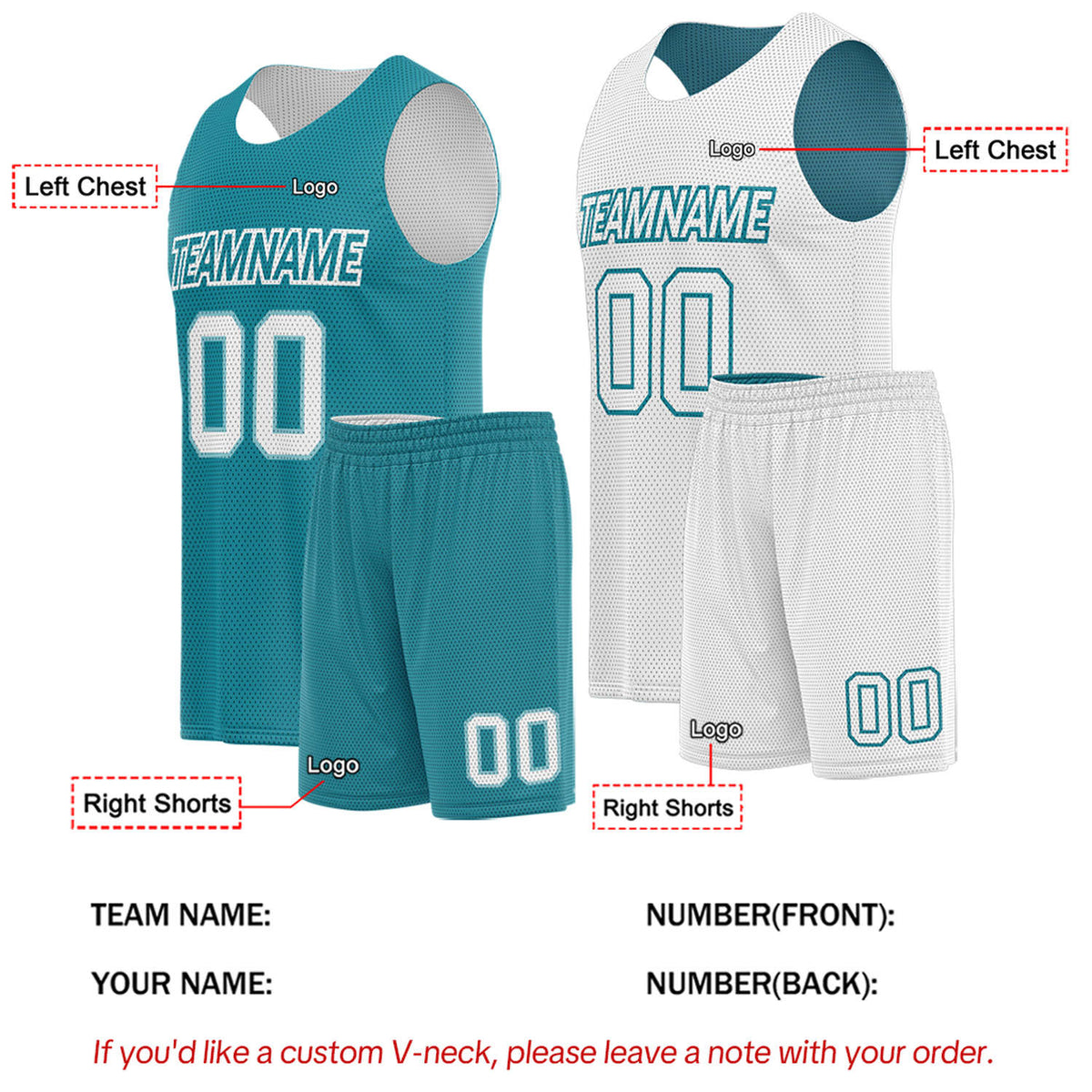 Custom Teal & White Double Sided Basketball Uniform Set | Breathable Mesh Tank Top and Shorts