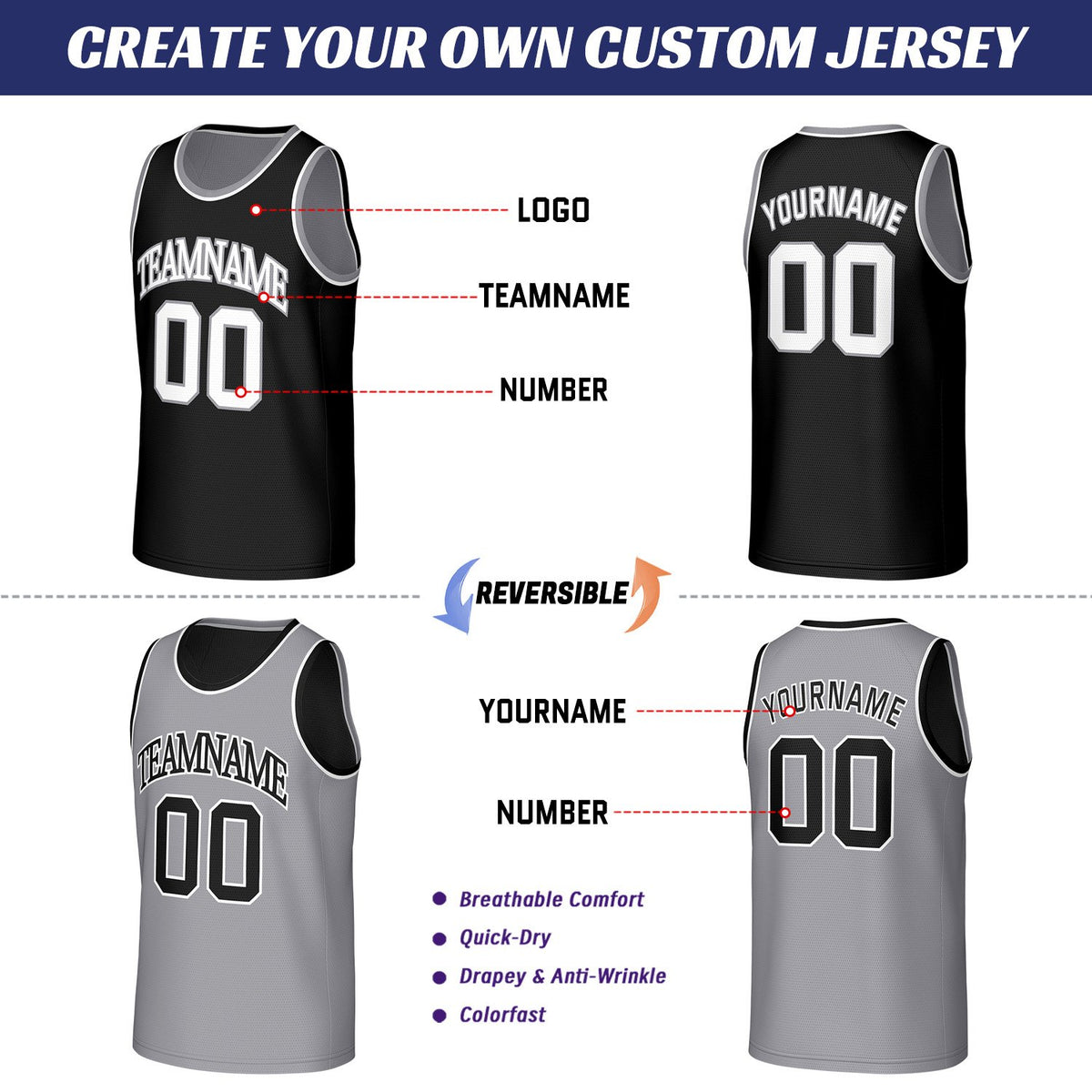 Custom Black & Gray Reversible Basketball Jersey | Personalized Sleeveless Mesh Jersey for Adult Youth