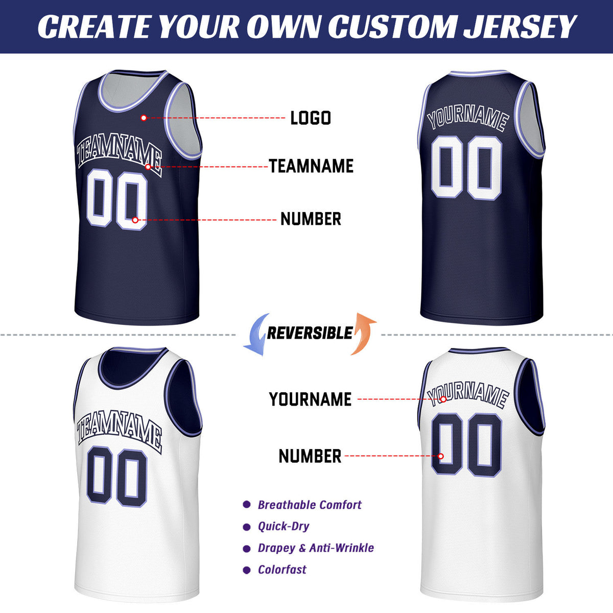 Custom Navy & White Reversible Basketball Jersey | Personalized Sleeveless Mesh Jersey for Men Women Youth