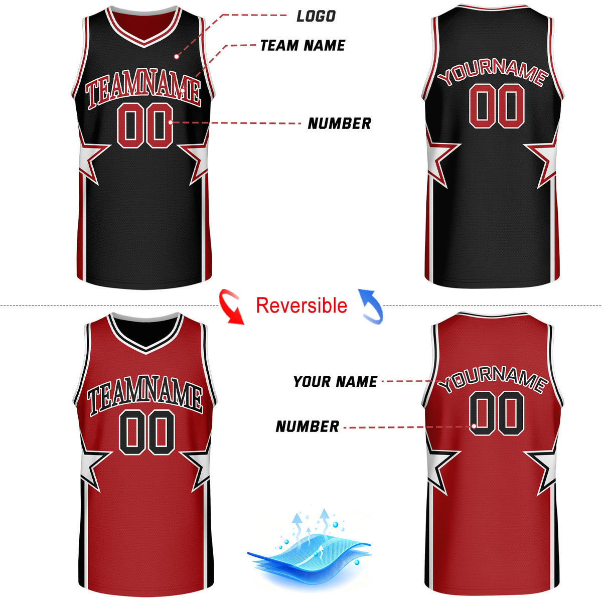 Custom Black & Red Star Graphic Reversible Basketball Uniform Set | Breathable Mesh Jersey & Shorts for Team Sports