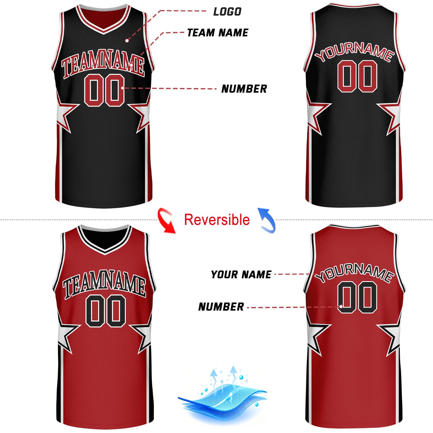 Custom Black & Red Star Graphic Reversible Basketball Uniform Set | Breathable Mesh Jersey & Shorts for Team Sports