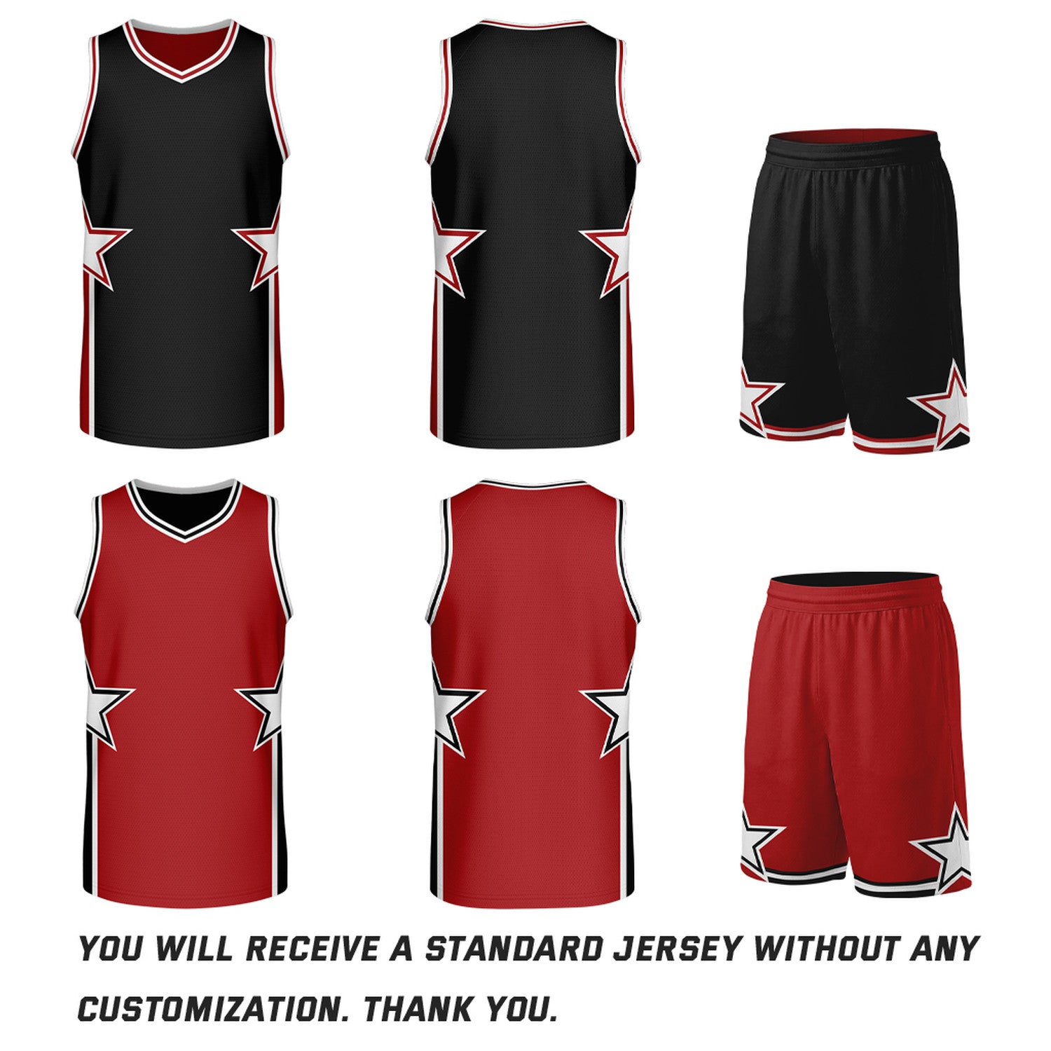 Custom Black & Red Star Graphic Reversible Basketball Uniform Set | Breathable Mesh Jersey & Shorts for Team Sports