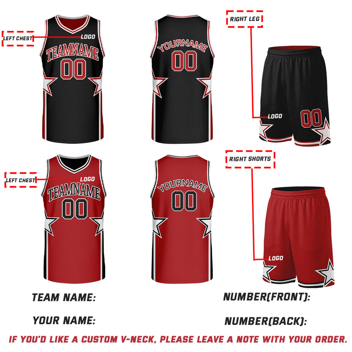 Custom Black & Red Star Graphic Reversible Basketball Uniform Set | Breathable Mesh Jersey & Shorts for Team Sports