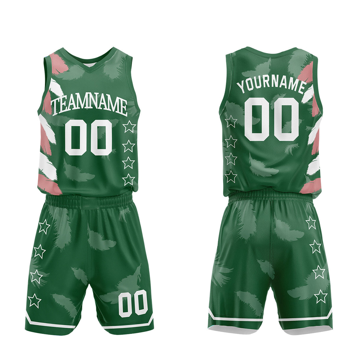 Factory price basketball team uniforms, forest green feather sublimated jersey and shorts with personalized team name, player number and logo, breathable quick dry mesh for team games.