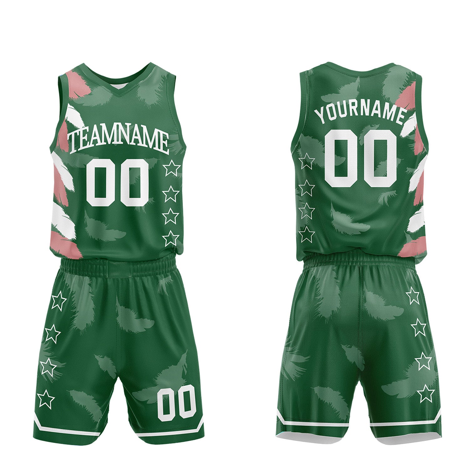 Factory price basketball team uniforms, forest green feather sublimated jersey and shorts with personalized team name, player number and logo, breathable quick dry mesh for team games.