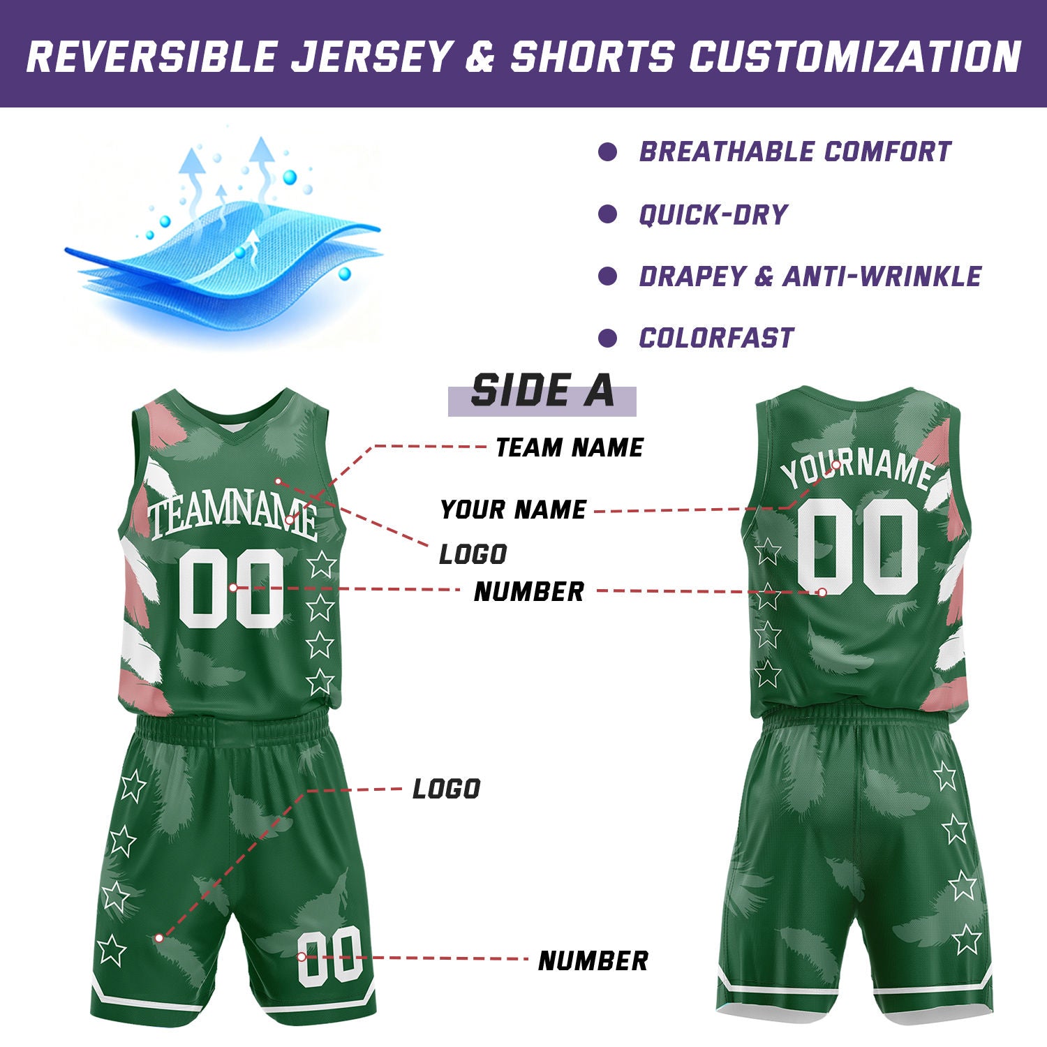 Custom Basketball Jerseys and Shorts Set | Forest Green Feather V-Neck Sublimated Team Uniform