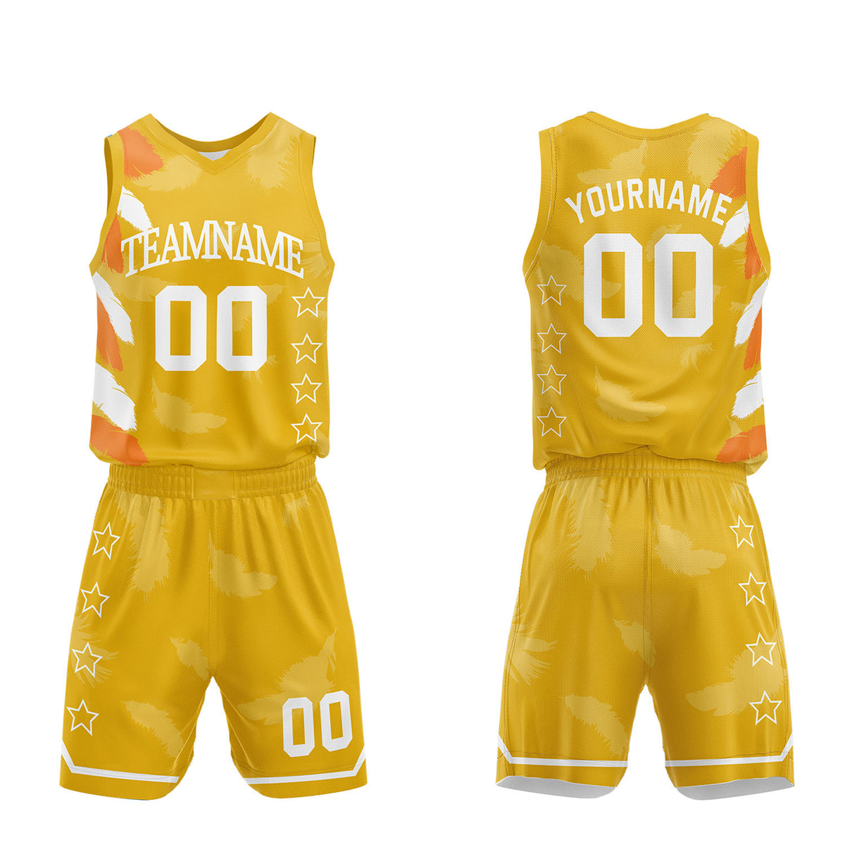 Factory price basketball team uniforms, gold feather sublimated jersey and shorts with personalized team name, player number and logo, breathable quick dry mesh for team games.
