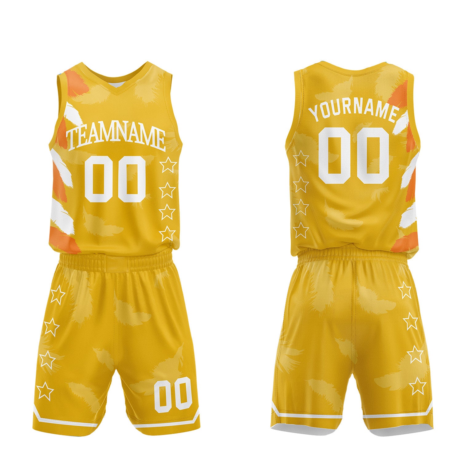 Factory price basketball team uniforms, gold feather sublimated jersey and shorts with personalized team name, player number and logo, breathable quick dry mesh for team games.