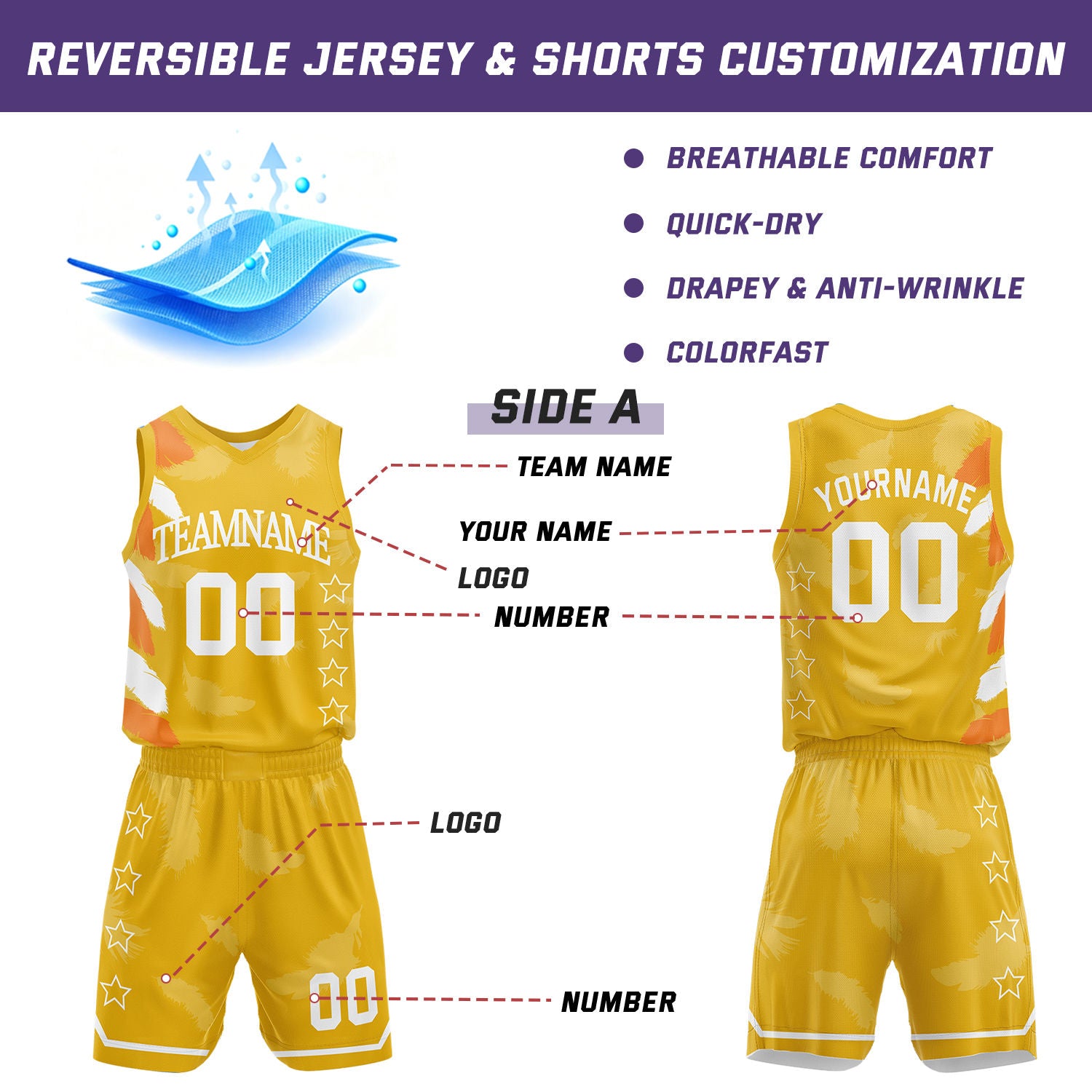 Custom Basketball Jerseys and Shorts Set | Gold Feather V-Neck Sublimated Team Uniform