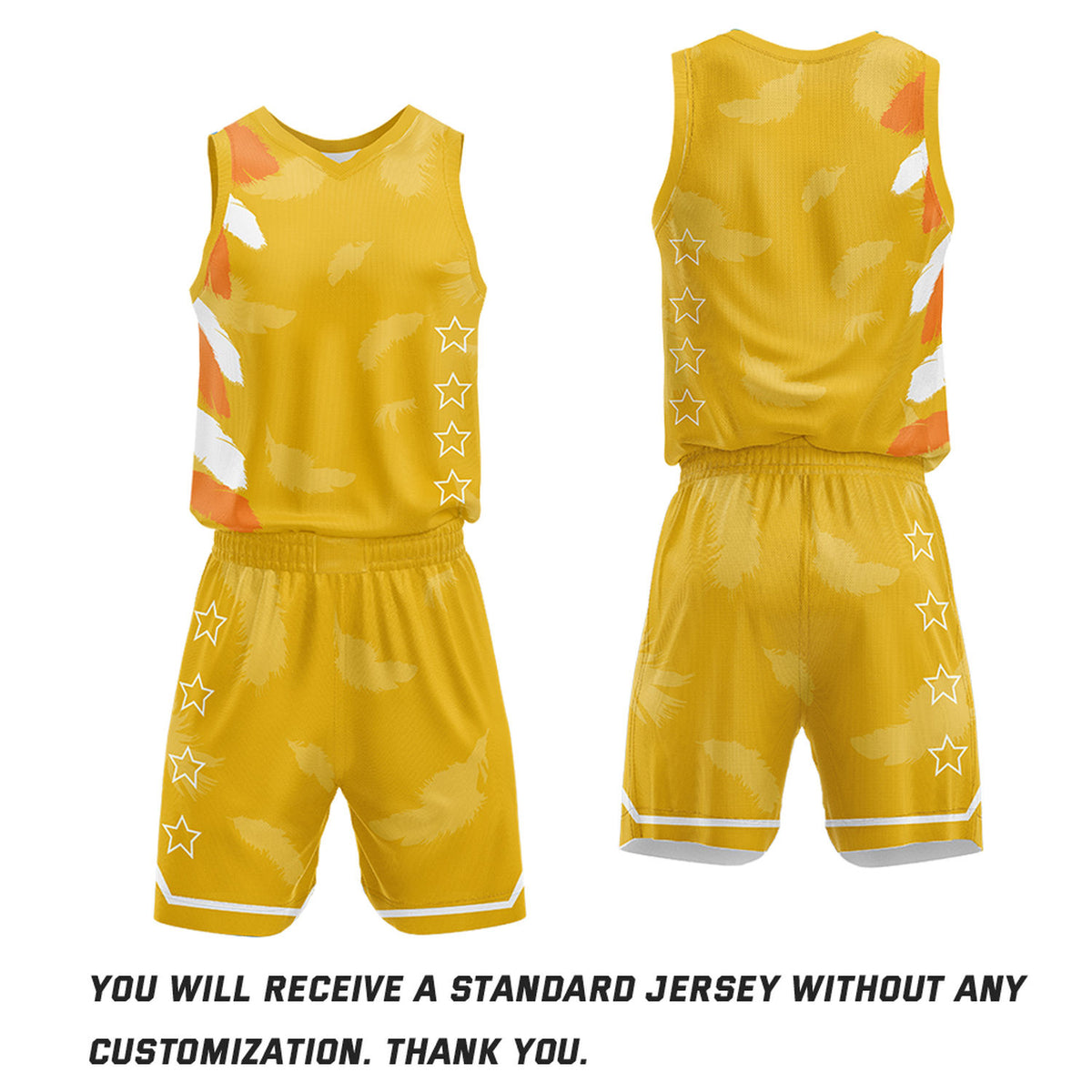Custom Basketball Jerseys and Shorts Set | Gold Feather V-Neck Sublimated Team Uniform