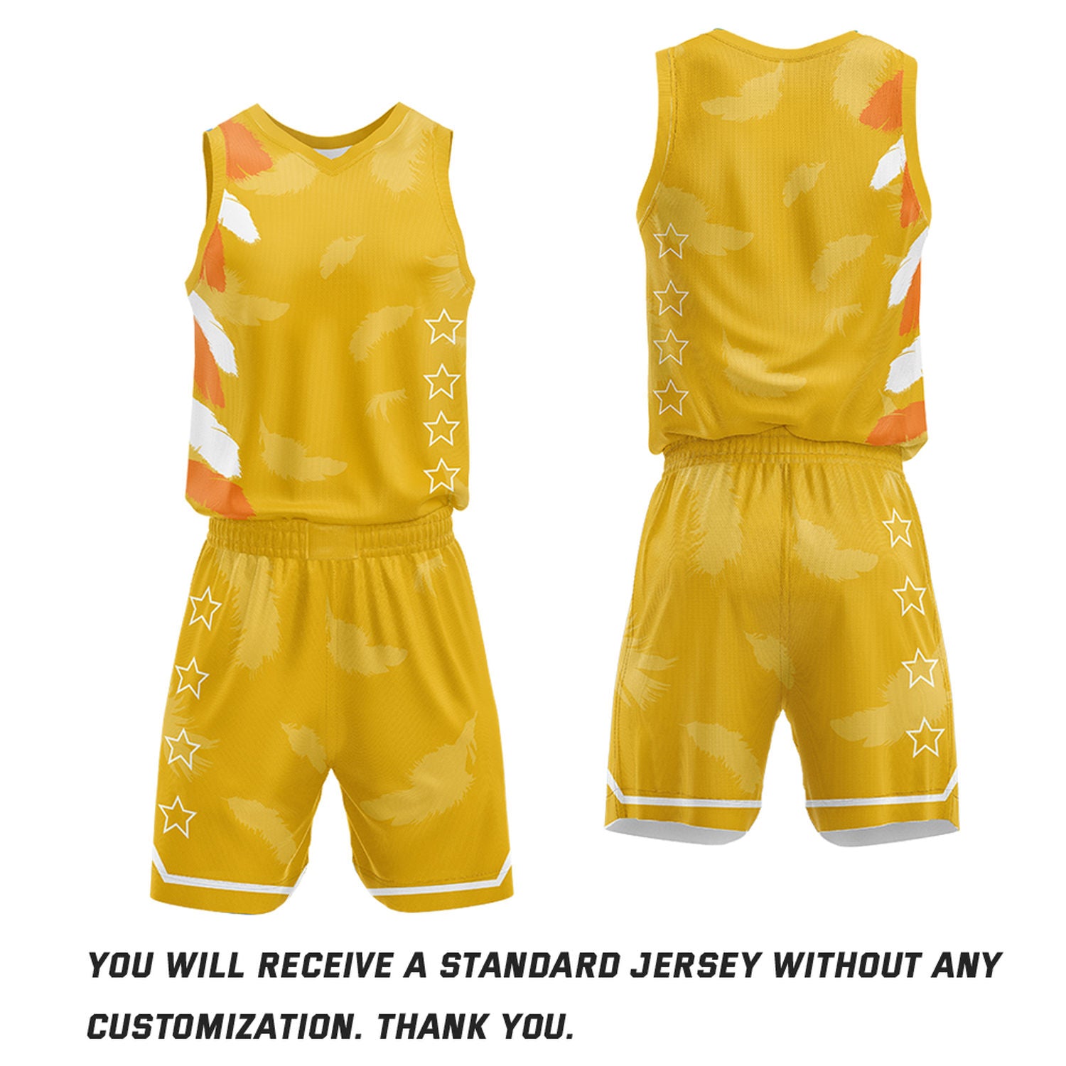 Factory price basketball team uniforms, gold feather sublimated jersey and shorts with personalized team name, player number and logo, breathable quick dry mesh for team games.