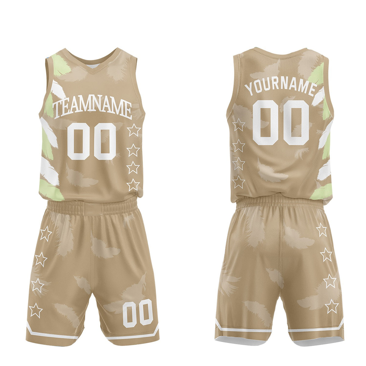 Factory price basketball team uniforms, tan white feather sublimated jersey and shorts with personalized team name, player number and logo, breathable quick dry mesh for team games.
