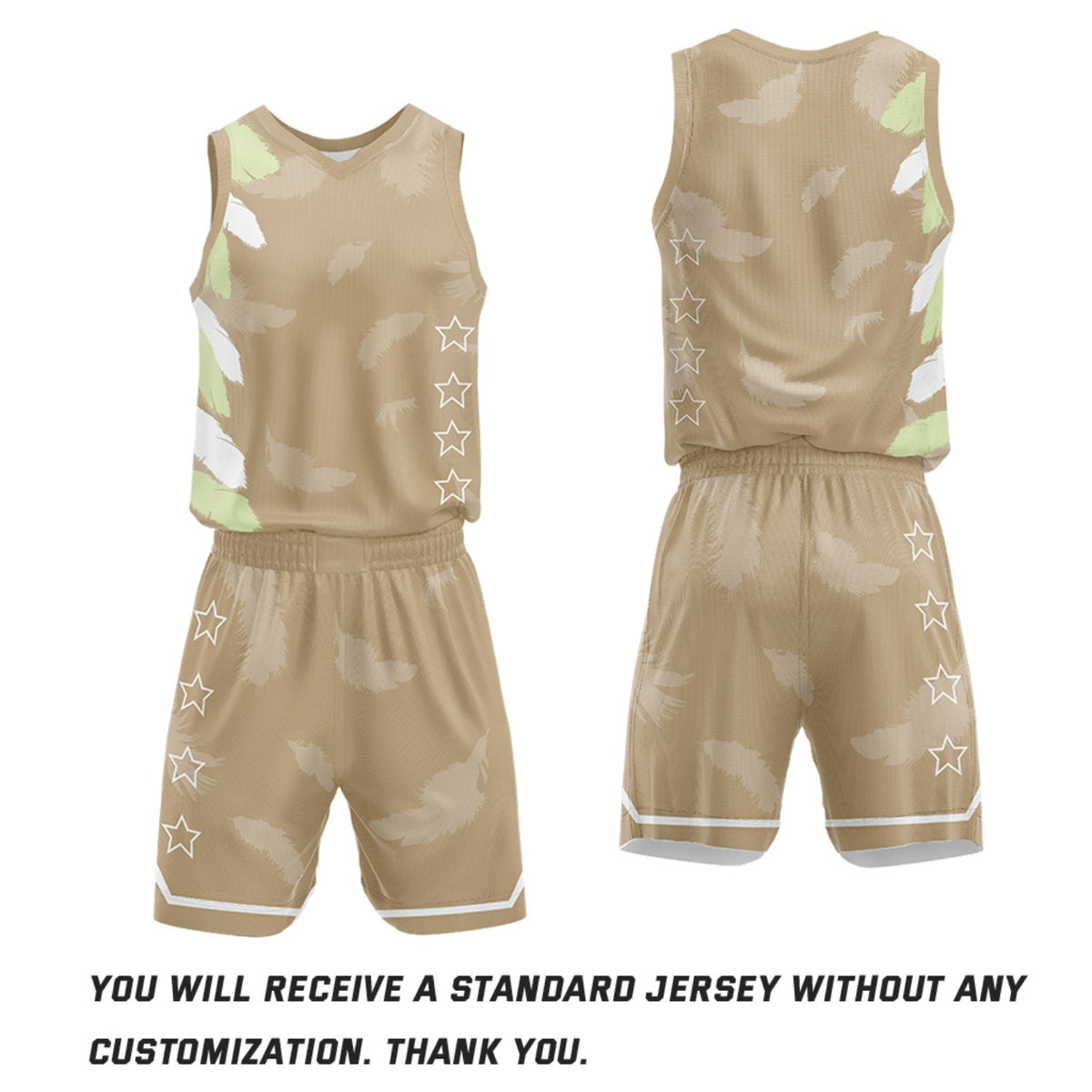 Custom Basketball Jerseys and Shorts Set | Tan White Feather V-Neck Sublimated Team Uniform