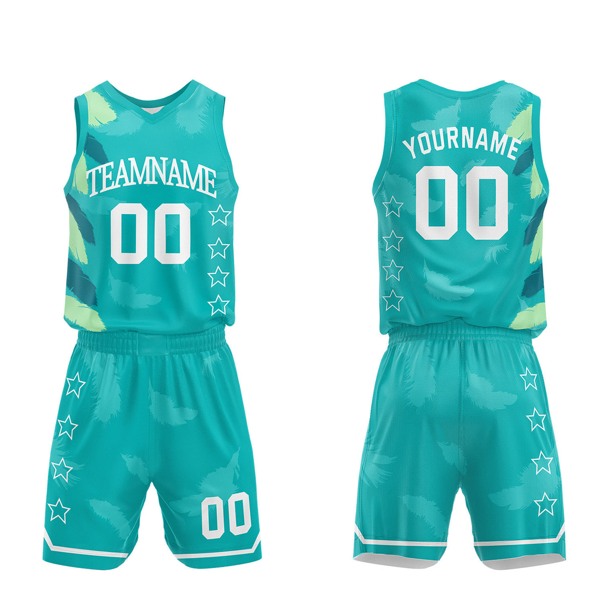 Factory price basketball team uniforms, teal feather sublimated jersey and shorts with personalized team name, player number and logo, breathable quick dry mesh for team games.