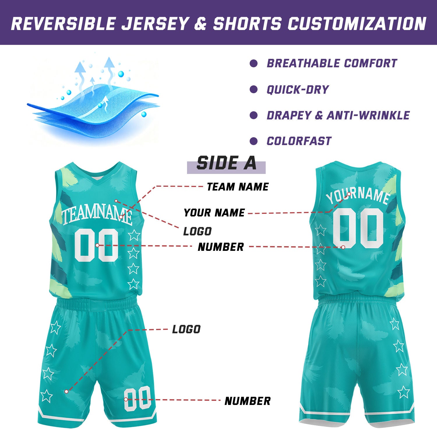 Custom Basketball Jerseys and Shorts Set | Teal Feather V-Neck Sublimated Team Uniform
