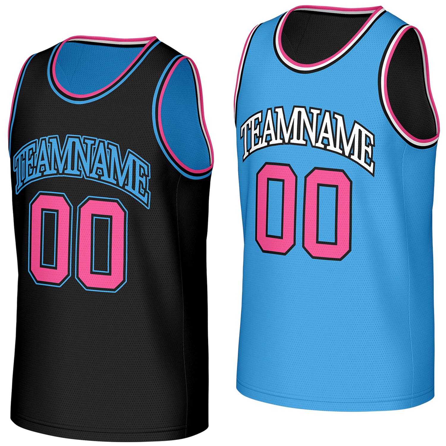 fast delivery team basketball jerseys black lightblue reversible by Vosoli, personalized team name, number & logo, breathable mesh dual sided basketball jersey for team games