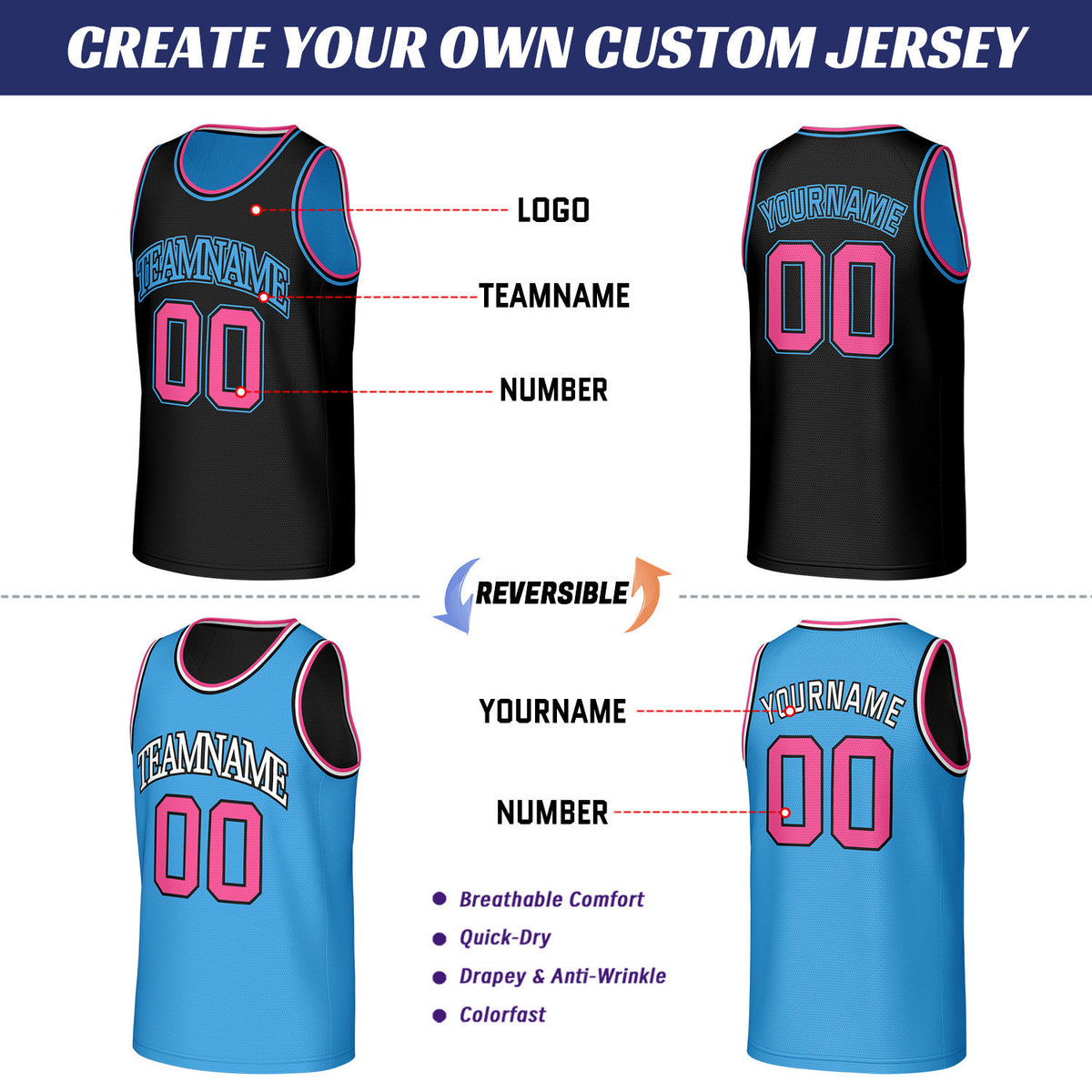 Custom Black & Light Blue Reversible Basketball Jersey | Personalized Sleeveless Mesh Jersey for Men Women Youth