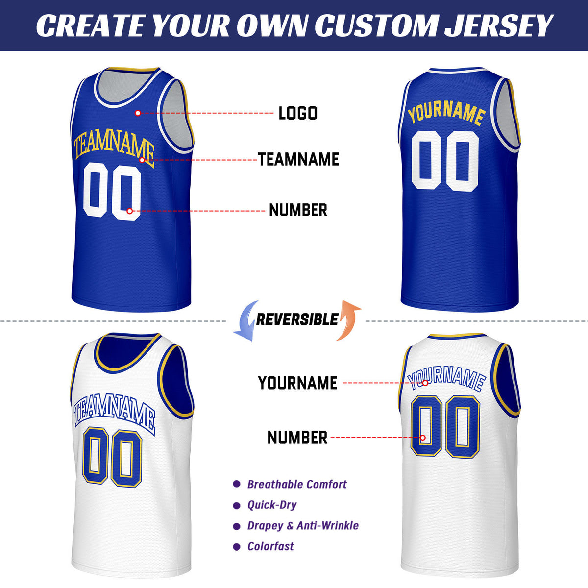 Custom Blue & White Reversible Basketball Jersey | Personalized Sleeveless Mesh Jersey for Men Women Youth