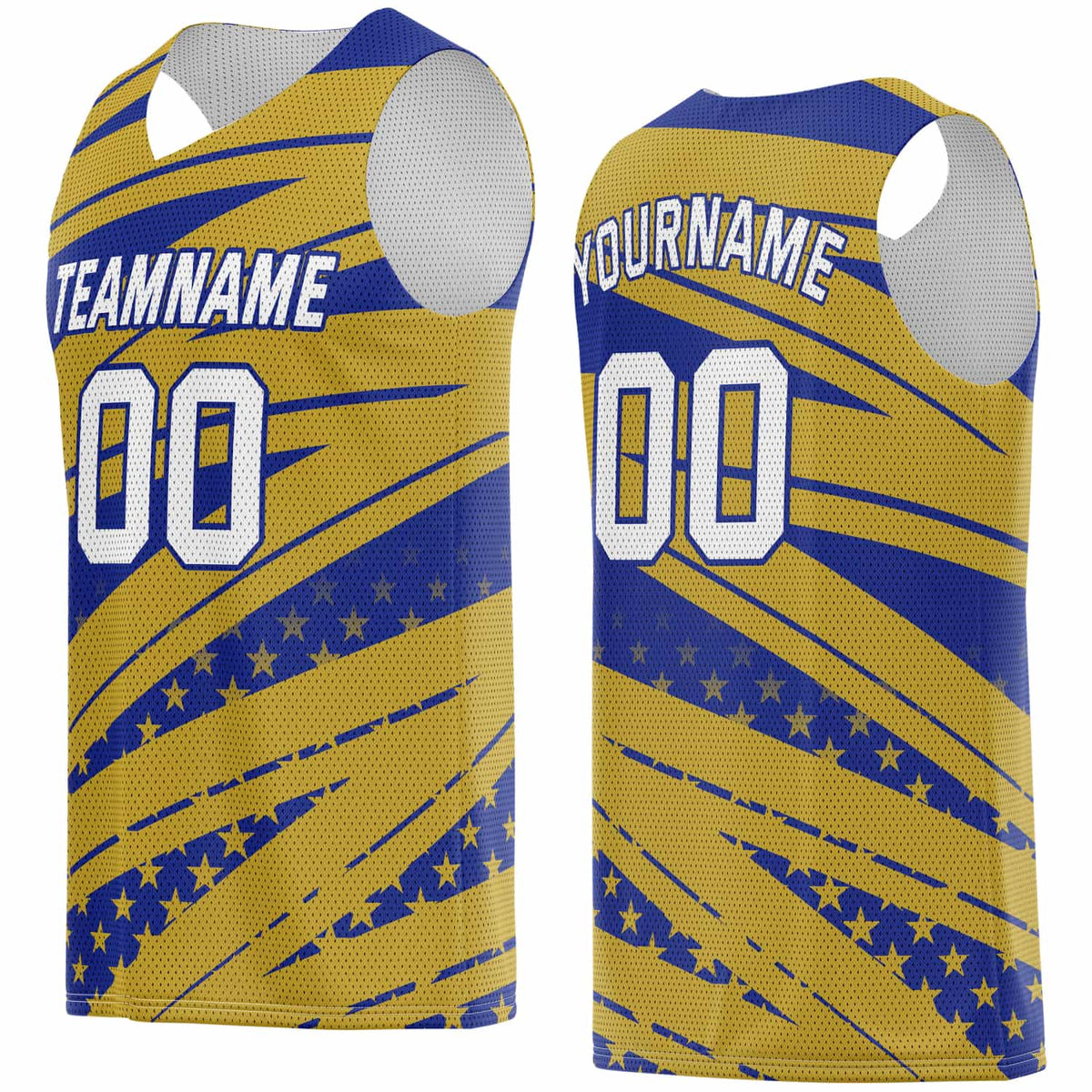 Custom Gold &amp; Blue Star-Stripe Pattern Basketball Jersey - Personalized Team Name, Number &amp; LOGO | Vosoli