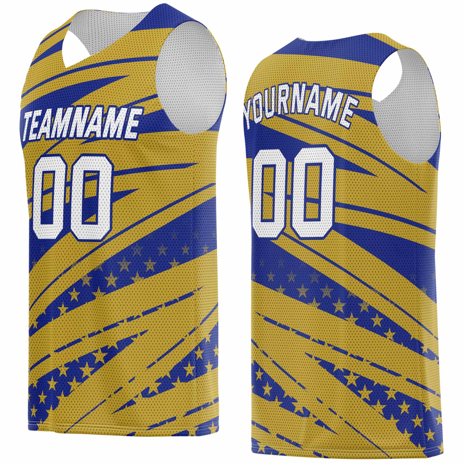 Custom Gold & Blue Star-Stripe Pattern Basketball Jersey - Personalized Team Name, Number & LOGO | Vosoli
