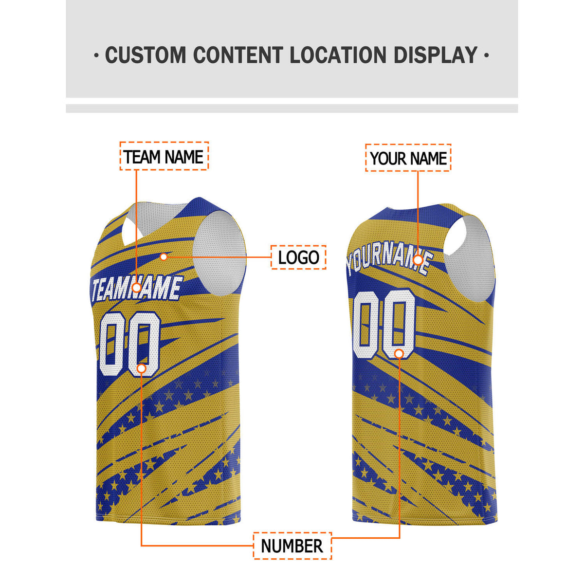 Custom Gold & Blue Star-Stripe Pattern Basketball Jersey - Personalized Team Name, Number & LOGO | Vosoli