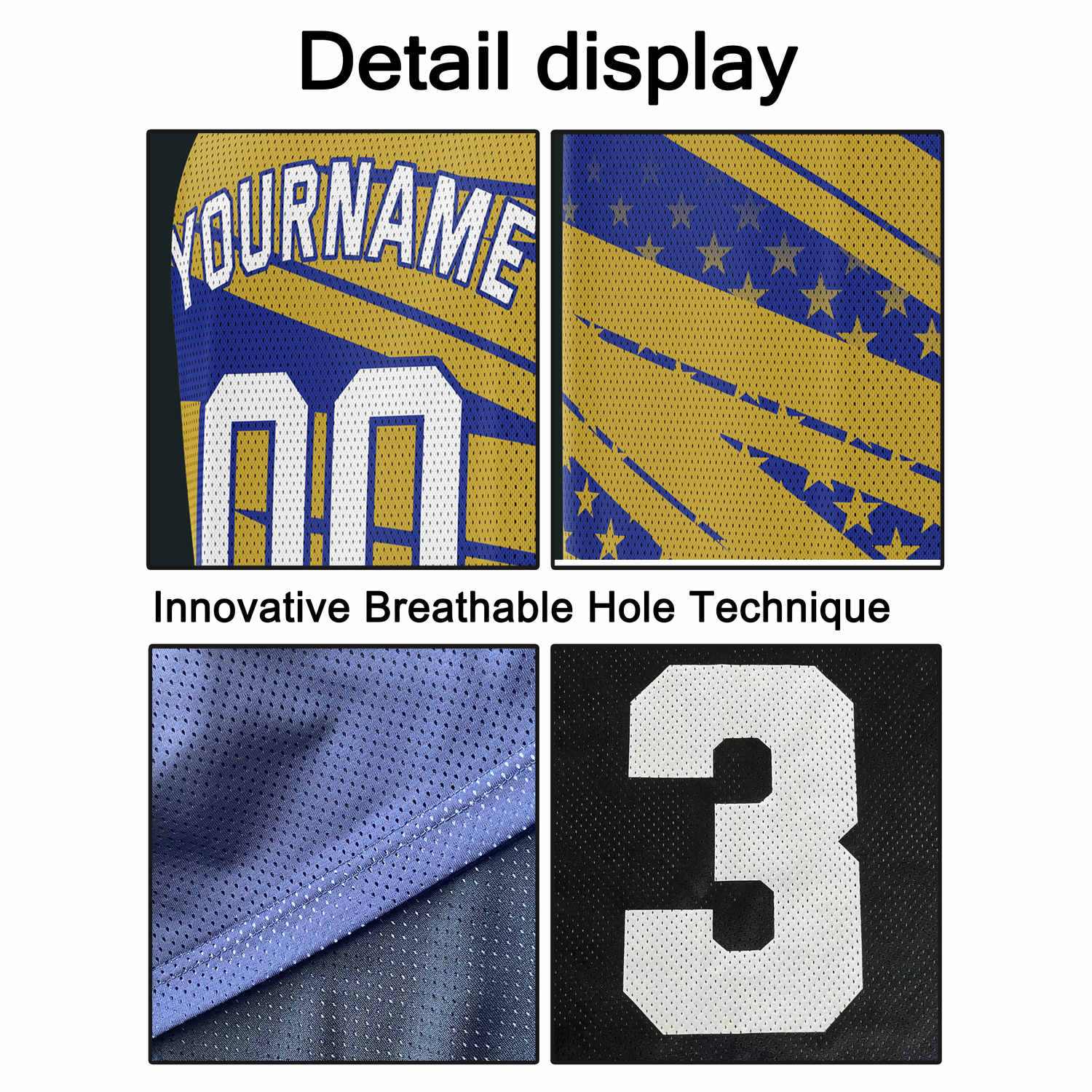 Custom Gold & Blue Star-Stripe Pattern Basketball Jersey - Personalized Team Name, Number & LOGO | Vosoli