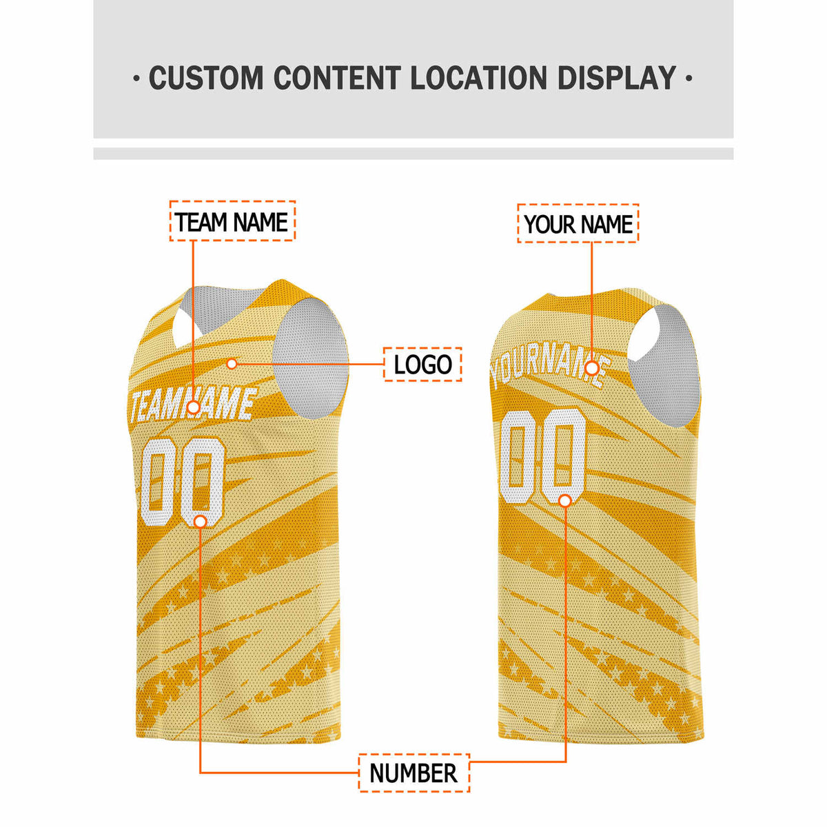 Custom Gold & Yellow Star-Stripe Pattern Basketball Jersey - Personalized Team Name, Number & LOGO | Vosoli
