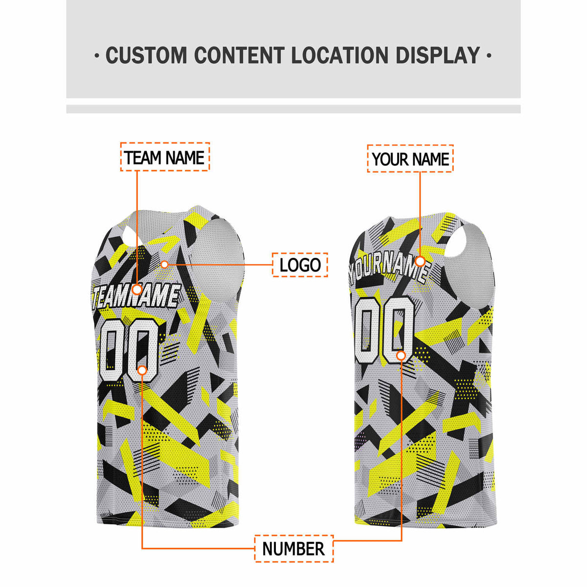 Custom Gray, Black & Neon Yellow Abstract Pattern Basketball Jersey - Personalized Team Name, Number & LOGO | Vosoli